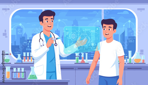 Doctor in a lab coat administers a vaccine using a futuristic holographic interface displaying medical network data, with a patient standing by and laboratory equipment in the foreground, against a