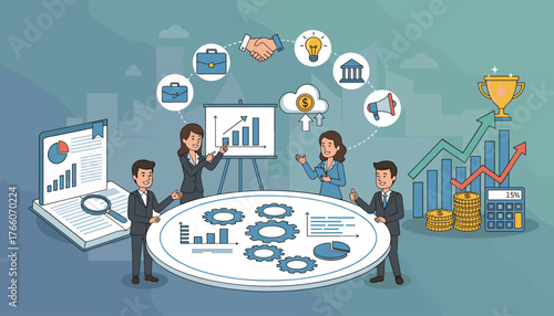 Business development team collaborating on strategy and growth, illustrating concepts like teamwork, financial success, innovation, and achievement with icons and charts.