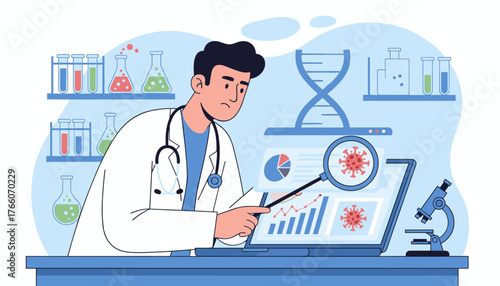 A focused male doctor in a white lab coat and stethoscope examines coronavirus data on a laptop screen, surrounded by scientific equipment like test tubes, flasks, a microscope, and a DNA helix