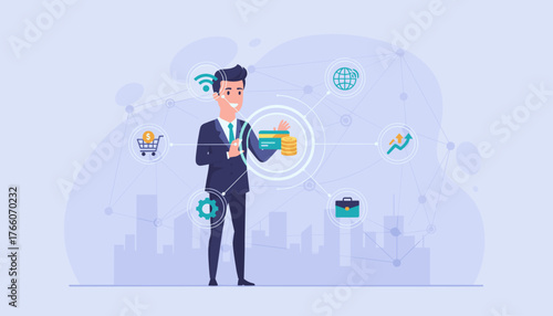 Modern businessman in a suit interacting with a digital network of financial icons, representing technology and business finance concepts, including shopping cart, coins, credit card, briefcase