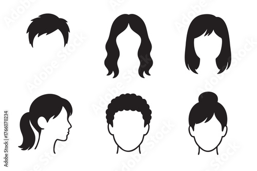 Collection of black silhouette icons depicting various male and female hairstyles, including short, wavy, and curly hair.