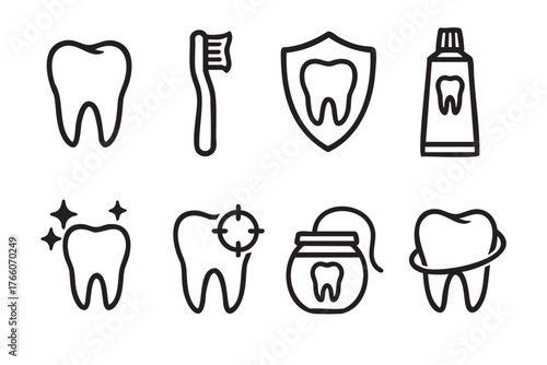 Eight black outline dental care icons featuring a tooth, toothbrush, shield, toothpaste, sparkling tooth, target tooth, dental floss, and tooth with orbit.