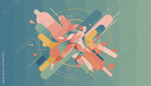 Vibrant and dynamic abstract composition featuring a stylized female runner in motion, surrounded by a burst of colorful, rounded geometric shapes, lines, and dots, representing modern trends and