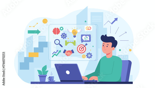 Conceptual illustration of up-skilling and personal development, showing a person at a laptop surrounded by icons representing ideas, growth, strategy, and collaboration, set against a backdrop of