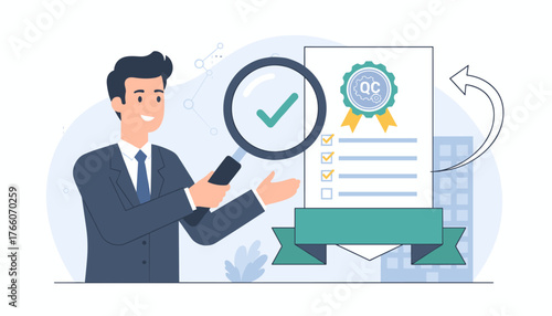 Man in suit examining a document with a magnifying glass, showing a checkmark and QC seal, representing quality control, certification, and approval in business processes, with abstract network lines