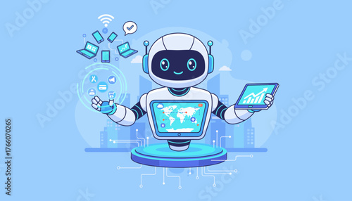 Friendly cartoon robot with a screen displaying a world map, holding a tablet with a financial graph, surrounded by icons representing online services, laptops, and smartphones, set against a