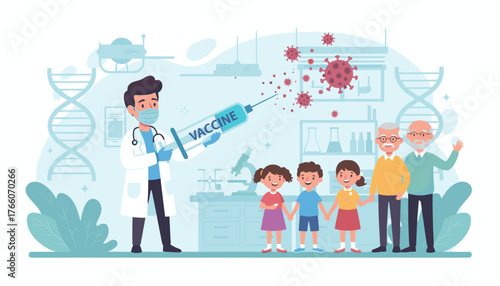 A doctor in a lab coat and mask holds a large syringe labeled "VACCINE" ready to administer it, symbolizing the fight against the COVID-19 virus, with children and elderly people standing together