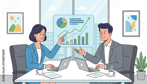 Two young business colleagues, a man and a woman, analyze charts and graphs on a laptop and a large screen in a modern office, symbolizing teamwork, strategy, and financial growth.