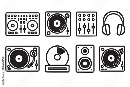 Black outline icons of dj equipment, including turntables, mixer, headphones, speaker, and cd player, emphasizing music and audio technology.