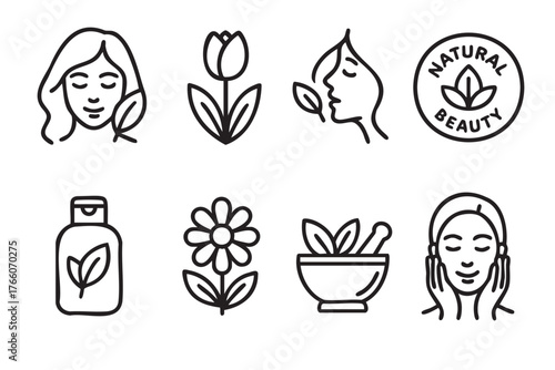 Set of black outline icons depicting natural beauty concepts, including female faces, flowers, a skincare bottle, and a mortar with pestle.