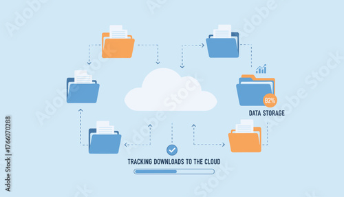 Flat vector illustration depicting a cloud storage system with folders connected to a central cloud icon, symbolizing data transfer and tracking downloads, with a progress bar and percentage
