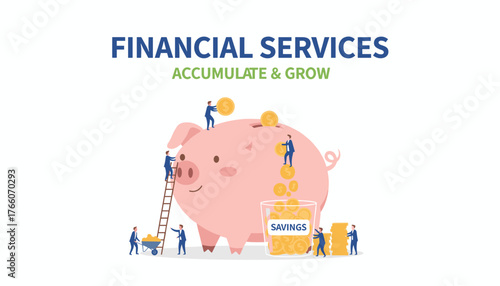 Vivid flat illustration depicting a large pink piggy bank with tiny business people actively depositing coins, symbolizing financial services, accumulation, and growth, alongside a glass jar labeled