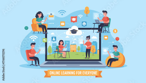 Vibrant and creative illustration depicting the concept of online elearning for everyone, showcasing diverse individuals engaging in digital education through laptops, tablets, and VR headsets