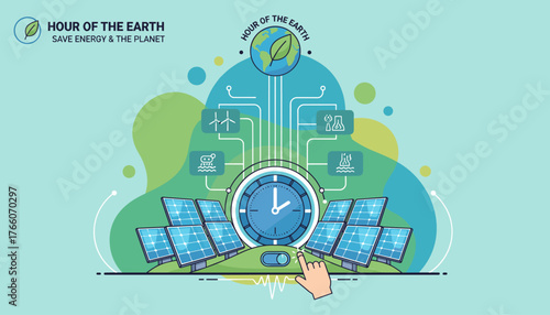 Vivid vector illustration showcasing the concept of alternative and renewable energy sources, featuring solar panels, wind turbines, and water power, all connected to a central clock symbolizing the