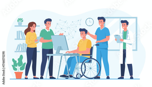 Diverse team of medical professionals and colleagues providing support and assistance to a smiling man in a wheelchair, working together in a modern office or clinic setting, promoting inclusivity