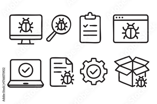 Set of black outline icons depicting bugs on computer screens, magnifying glass, clipboard, gear, and open box, symbolizing software testing and troubleshooting.
