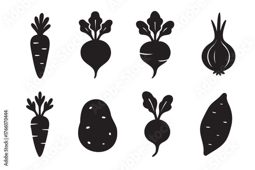 Set of eight black silhouette icons depicting various root vegetables, including carrots, beets, onions, potatoes, and sweet potatoes.