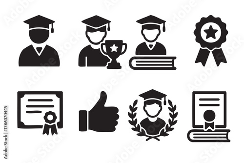 Black silhouette icons depicting graduation elements including male graduates with caps, a trophy, books, award ribbons, certificates, and a thumbs-up symbol.