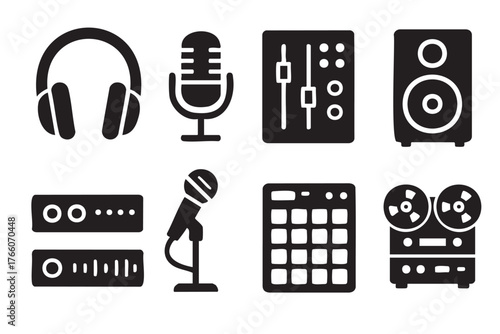 Black silhouette icons of audio equipment, including headphones, microphones, a mixing console, and speakers, representing sound technology and recording tools.