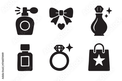 Six black silhouette icons including a perfume bottle, bow with heart, vase, rectangular bottle, diamond ring, and star-decorated shopping bag.