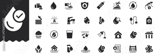 Water solid icon set features droplet, faucet, filtration, conservation, supply, bottle, purification, sewage, pipeline, shower, pressure, eco plumbing, and treatment symbol. Clean vector illustration