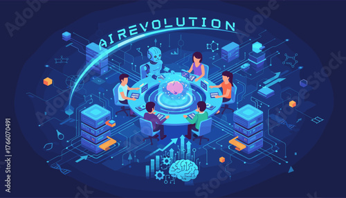 Vivid isometric illustration depicting a collaborative meeting between humans and an AI robot, centered around a glowing brain symbolizing artificial intelligence, set against a backdrop of