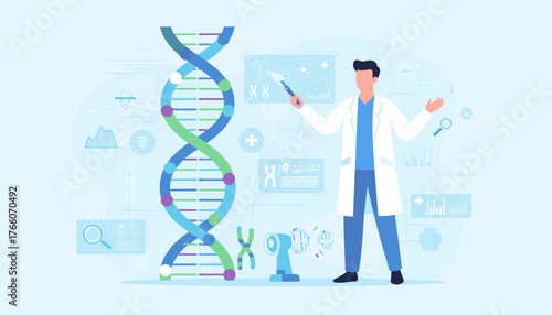 Abstract illustration of a scientist in a lab coat pointing at a DNA helix and digital screens displaying genetic data, representing biotechnology, medical research, and scientific discovery in a