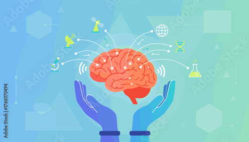 Abstract illustration of a vibrant, detailed human brain held gently by two cupped hands, symbolizing knowledge, intelligence, and innovation, surrounded by scientific and technological icons like a
