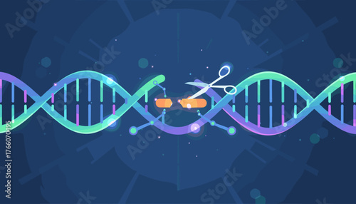 Abstract luminous DNA molecule with scissors cutting a segment, representing genetic engineering, gene editing, biotechnology, and scientific research with a futuristic and vibrant glow on a dark