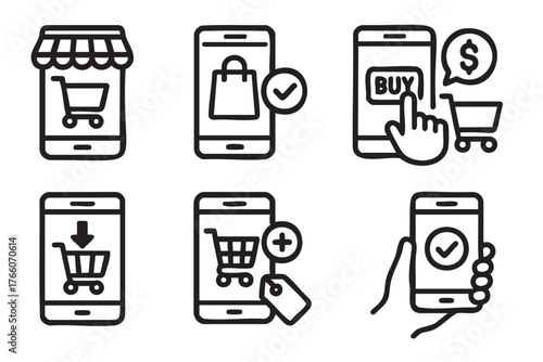 Six black outline icons of mobile shopping concepts, featuring a storefront, purchase completion, and shopping carts with additional elements.