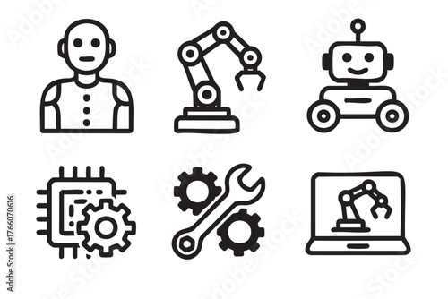 Black and white outline icons showcasing a humanoid robot, robotic arm, wheeled robot, microchip with gears, wrench and gears, and a robotic arm on a laptop screen.