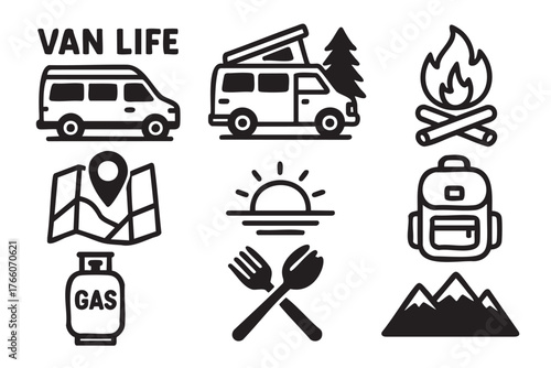 Black outline icons of a camper van, camping gear, and outdoor activities, including a map, fire, backpack, gas bottle, cutlery, and mountain.