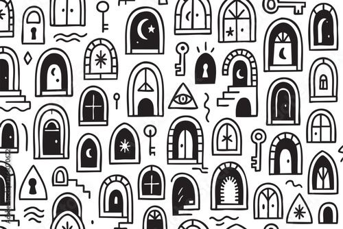 Black and white seamless pattern featuring various arched doors and keyhole symbols, incorporating mystical designs like stars, moons, and an all-seeing eye.