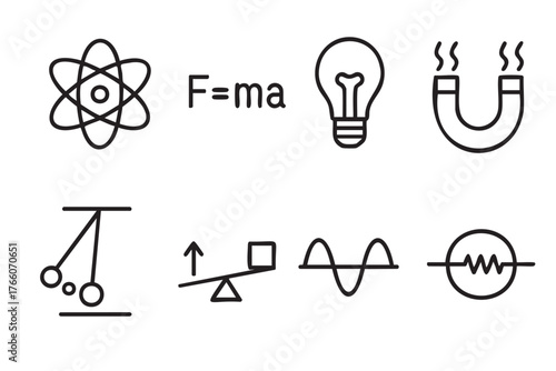 Black outline icons of basic physics symbols including an atom, newton’s second law, lightbulb, magnet, pendulum, lever, wave, and resistor.