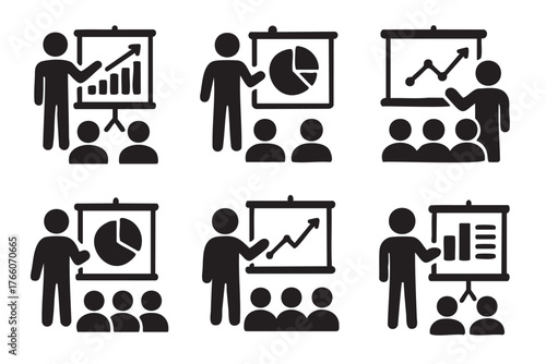 Black silhouette icons depicting six business presentation scenarios with presenters and audiences, featuring bar charts, pie charts, and upward-trending graphs.