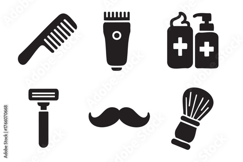 Black silhouette icons of a comb, hair clipper, shaving cream, aftershave, razor, mustache, and shaving brush for grooming and personal care.