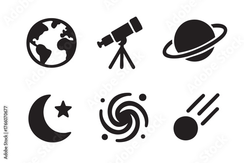 Black silhouette icons depicting a globe, telescope, ringed planet, crescent moon with a star, galaxy swirl, and a shooting comet.