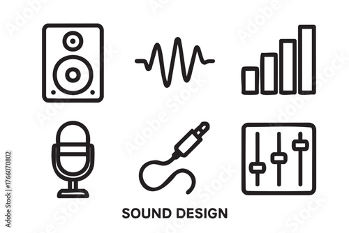 Black outline vector icons depicting a speaker, sound wave, bar chart, microphone, cable, and mixer faders, representing sound design elements.