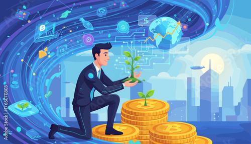 Businessman nurturing a vibrant green tree sprout on a stack of golden coins, symbolizing financial growth and investment in a futuristic digital world with global economic charts and cryptocurrency