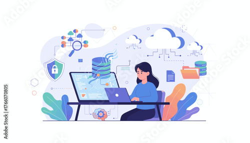 A woman works diligently on her laptop, surrounded by abstract representations of database systems, cloud networks, data security shields, and analytical charts, illustrating the complex world of