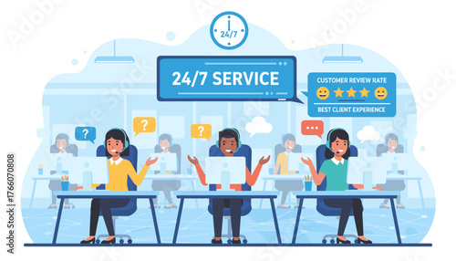 Vibrant illustration of a busy call center with diverse operators providing 24/7 customer support, featuring speech bubbles with question marks and positive customer review ratings, emphasizing