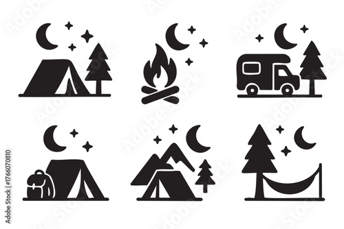 Collection of six black camping icons featuring tents, campfire, camper van, mountain, and hammock under crescent moons and stars.