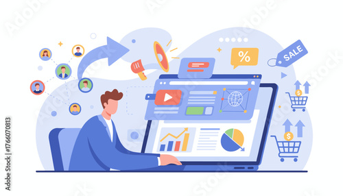 Digital marketing and e-commerce concept with a businessman analyzing charts on a laptop, surrounded by icons representing online sales, customer engagement, and promotional activities, symbolizing