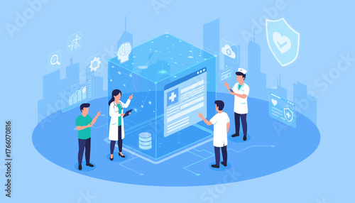 Innovative digital healthcare concept with a professional medical team collaborating around a futuristic holographic interface displaying patient data, medical records, and health icons, symbolizing