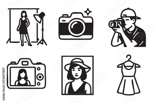 Black outline icons depicting a female model in a photo studio, a camera with a flash, a photographer in a cap, a camera's rear view, a portrait of a woman in a hat, and a hanger with a dress.