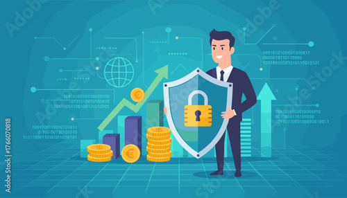 A smiling businessman in a suit holds a shield with a padlock, symbolizing cyber security and data protection, against a backdrop of financial charts, binary code, and a globe, representing digital