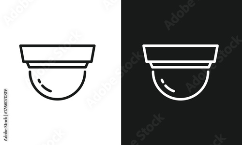 Minimalist Dome Security Camera Line Art Icon, Simple CCTV Surveillance Symbol, Modern Vector Graphic for Safety, Protection, and Monitoring Systems, Black and White Versions.