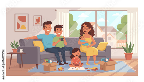 Joyful Hispanic family of five, parents and three children, relaxing in their new house living room, unpacking boxes, playing games, and enjoying quality time together, symbolizing home, happiness