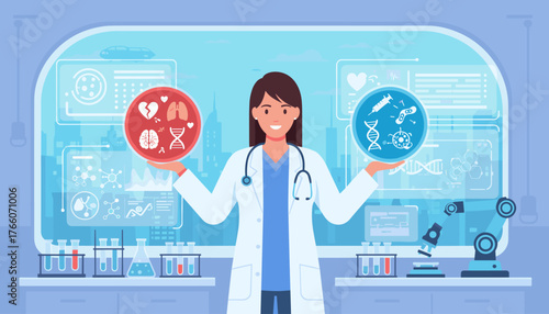 A smiling female doctor in a lab coat holds two circular displays, one with medical icons like a broken heart and lungs, the other with DNA and a syringe, symbolizing healthcare and scientific