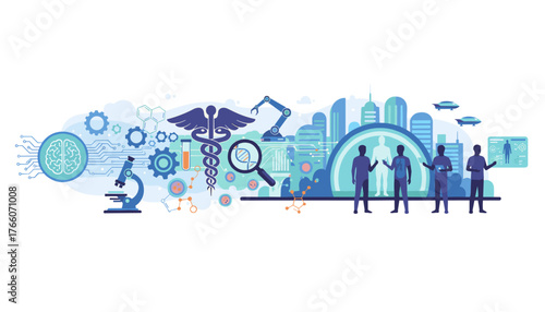 Futuristic healthcare technology revolution concept with brain, microscope, caduceus, DNA, robotic arm, and futuristic city skyline, symbolizing medical innovation, scientific research, and advanced